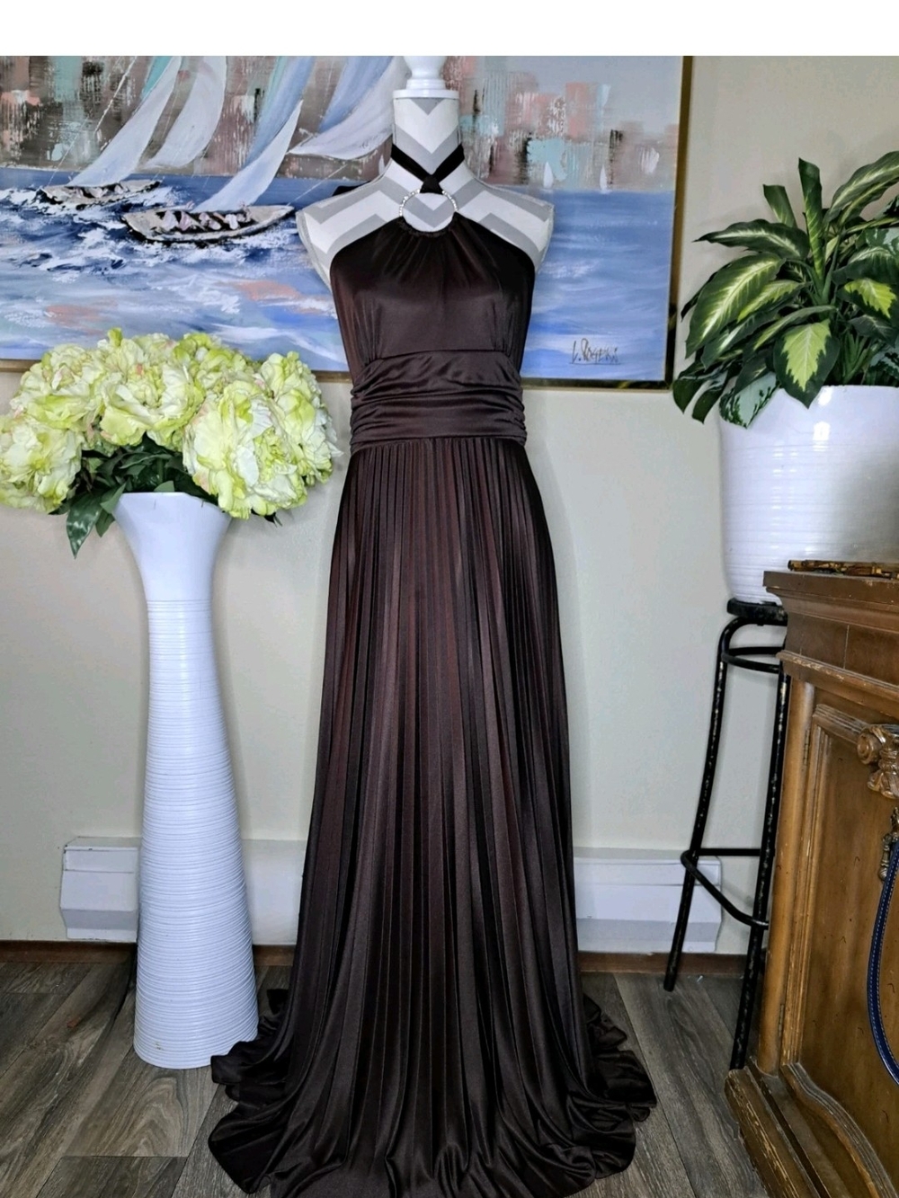 Betsy & Adam Dark Brown Halter Pleated Maxi Gown